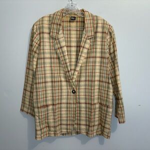 Vintage Basic Editions Women’s XL Blazer Plaid Linen Long Sleeve Collared Boxy